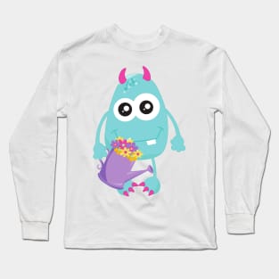 Spring Monster, Blue Monster, Flowers, Horns Long Sleeve T-Shirt